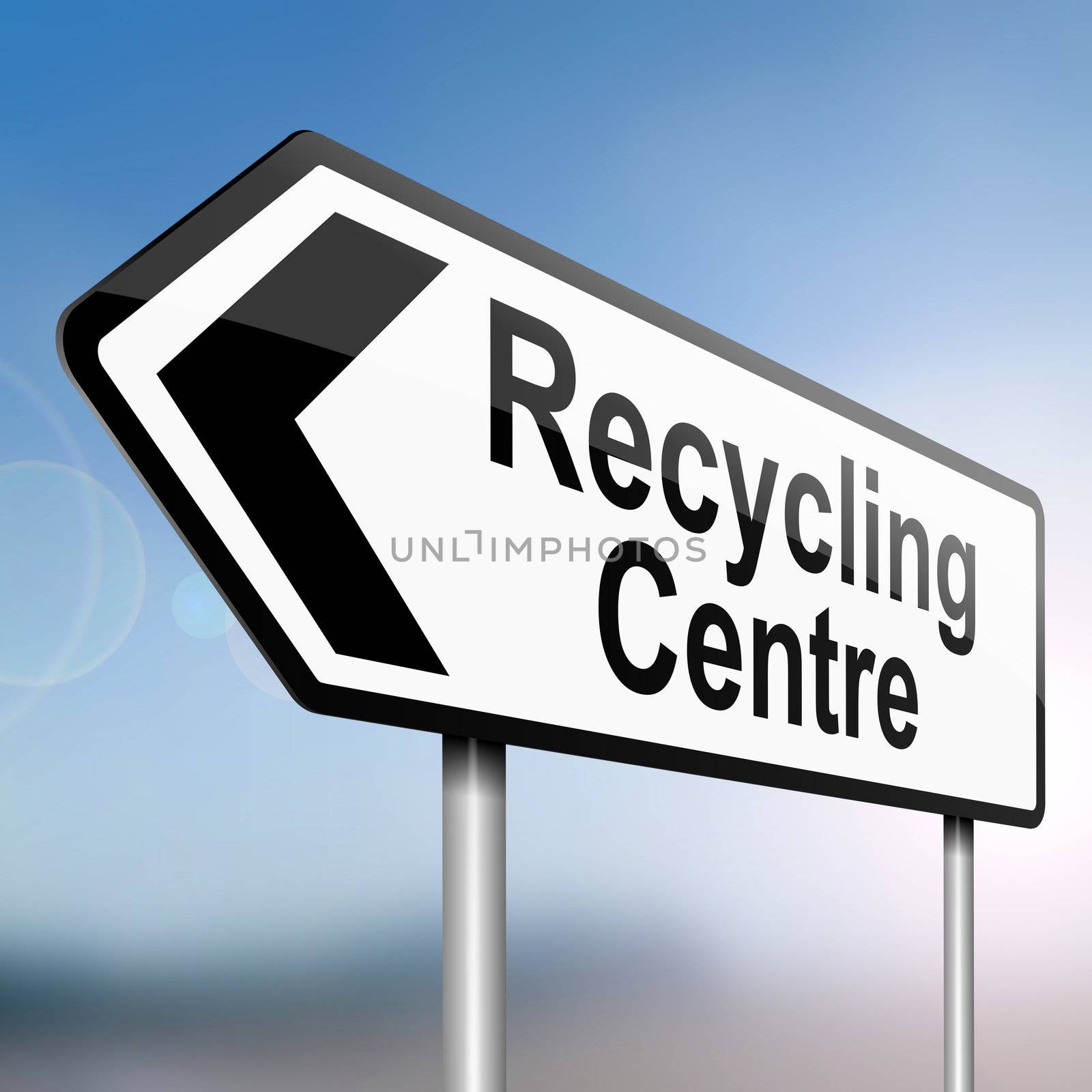 illustration depicting a sign post with directional arrow containing a recycle concept. Blurred background.