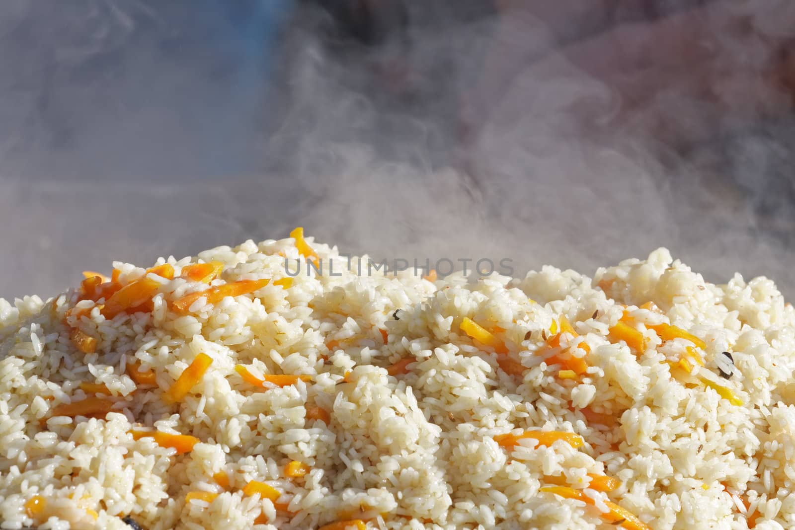freshly prepared hot rice, close-up
