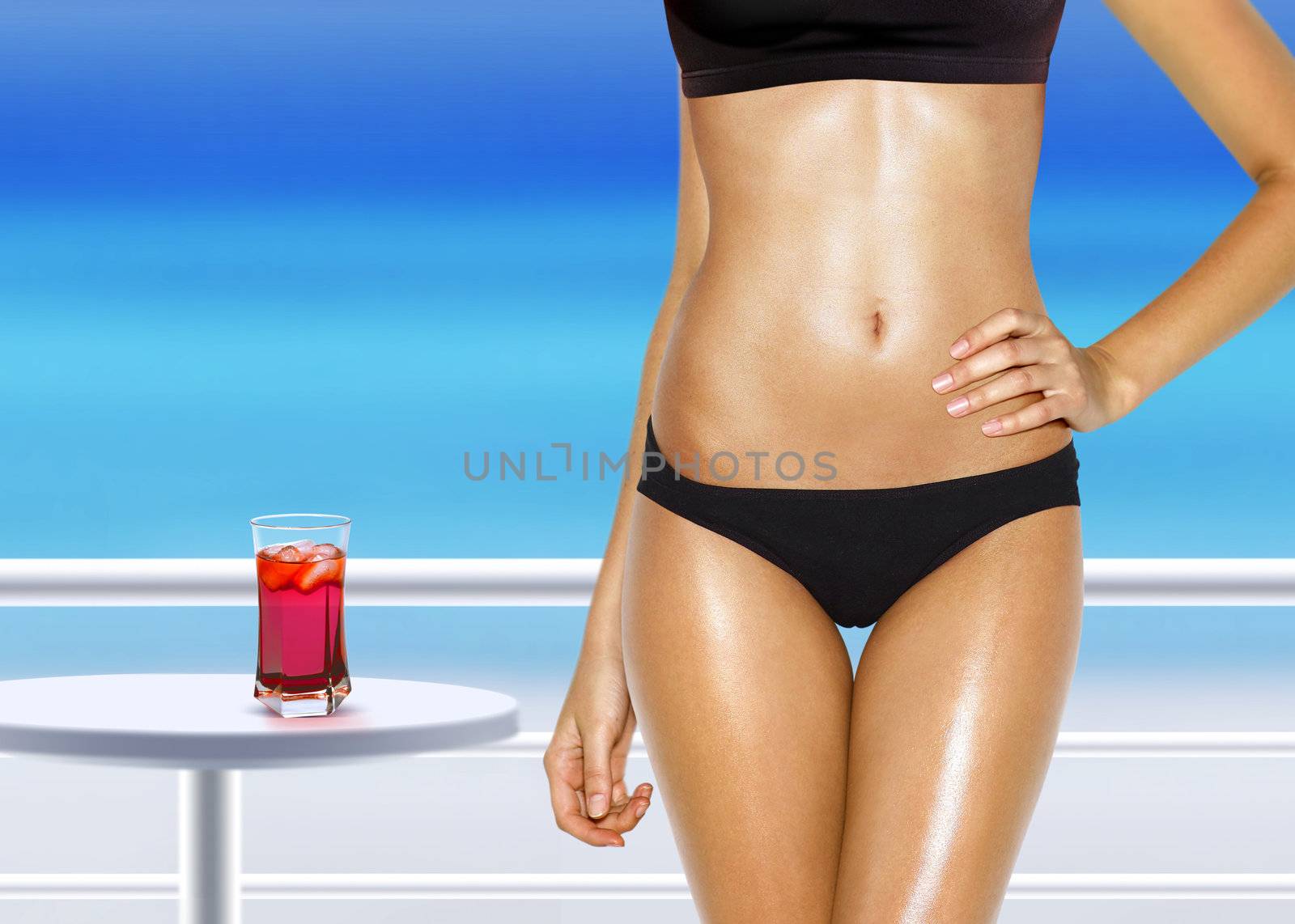 part of woman with red cocktail near swimming pool