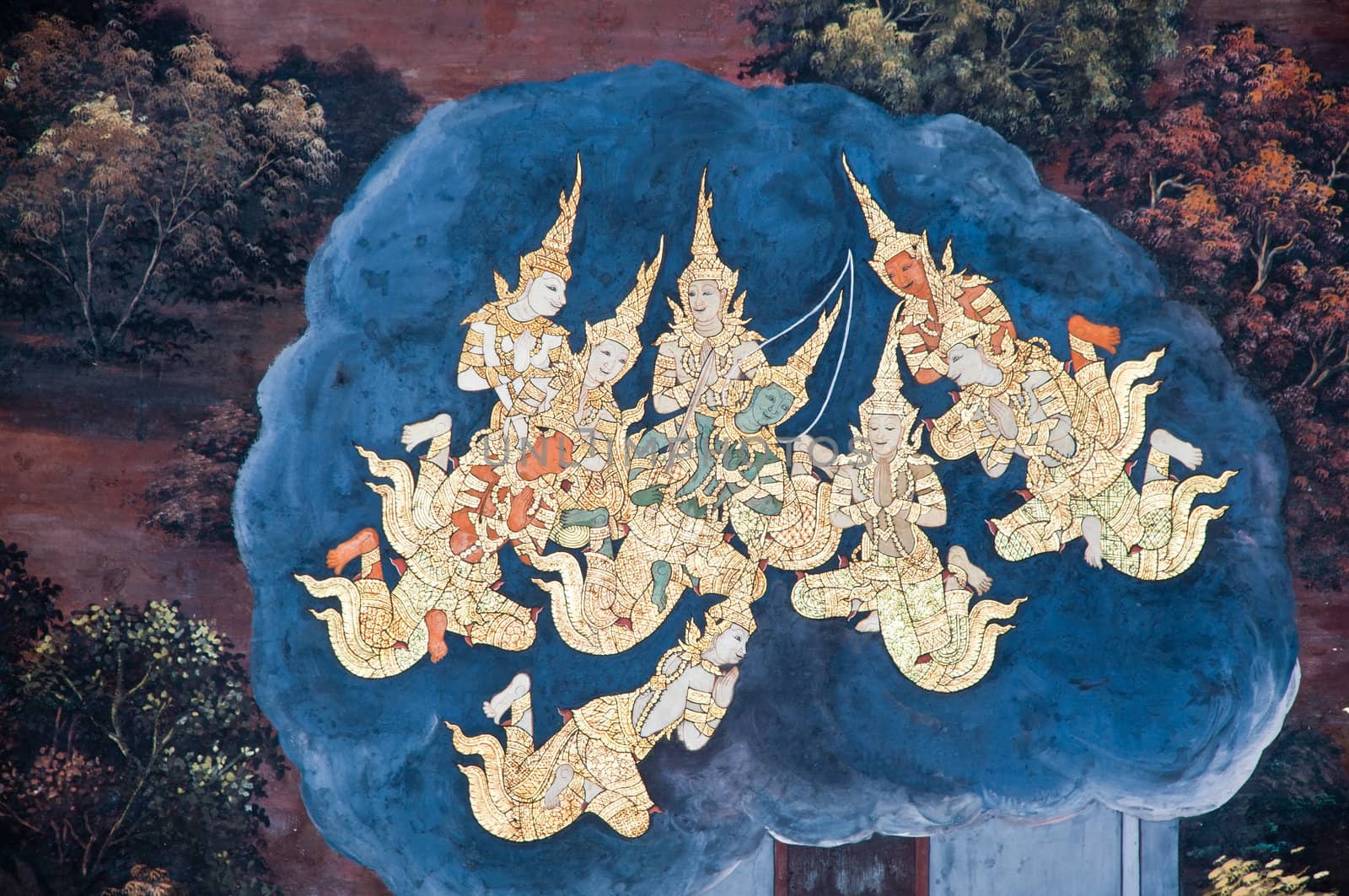 Thai Mural Painting on the wall, Wat Phra Kaew, Bangkok, Thailand (Ramayana story). The temple is created with money donated by people it is public domain and open to the public Visits.