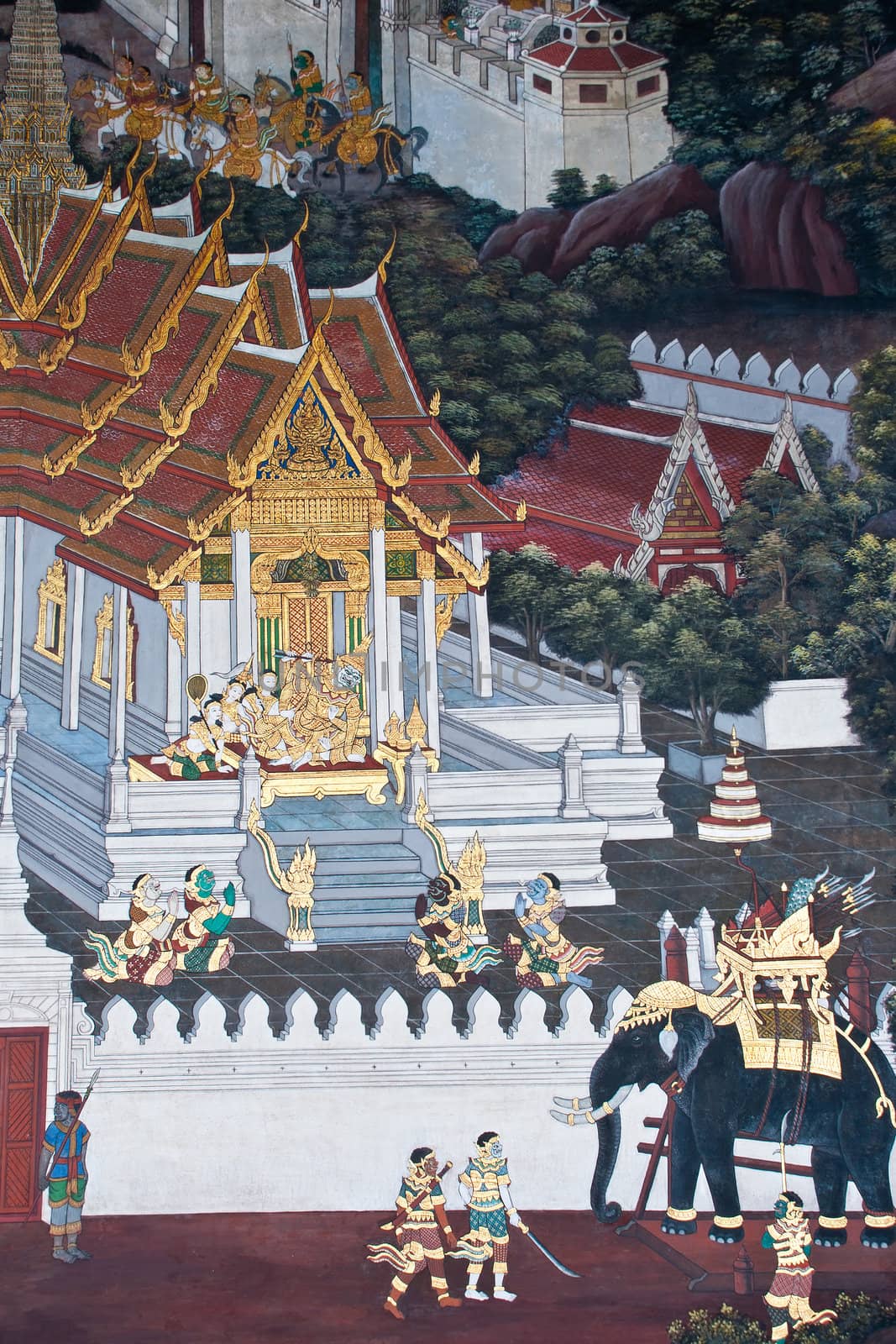 Thai Mural Painting on the wall, Wat Phra Kaew, Bangkok, Thailand (Ramayana story). The temple is created with money donated by people it is public domain and open to the public Visits.