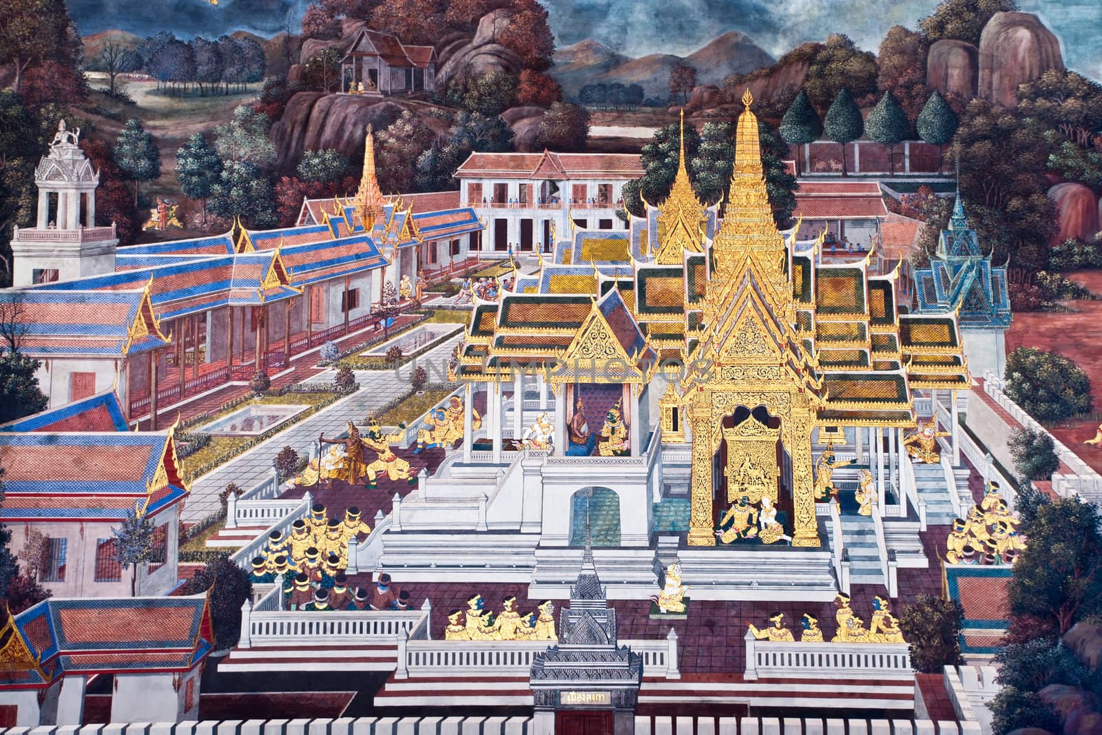 Thai Mural Painting on the wall, Wat Phra Kaew (Ramayana story). by Yuri2012