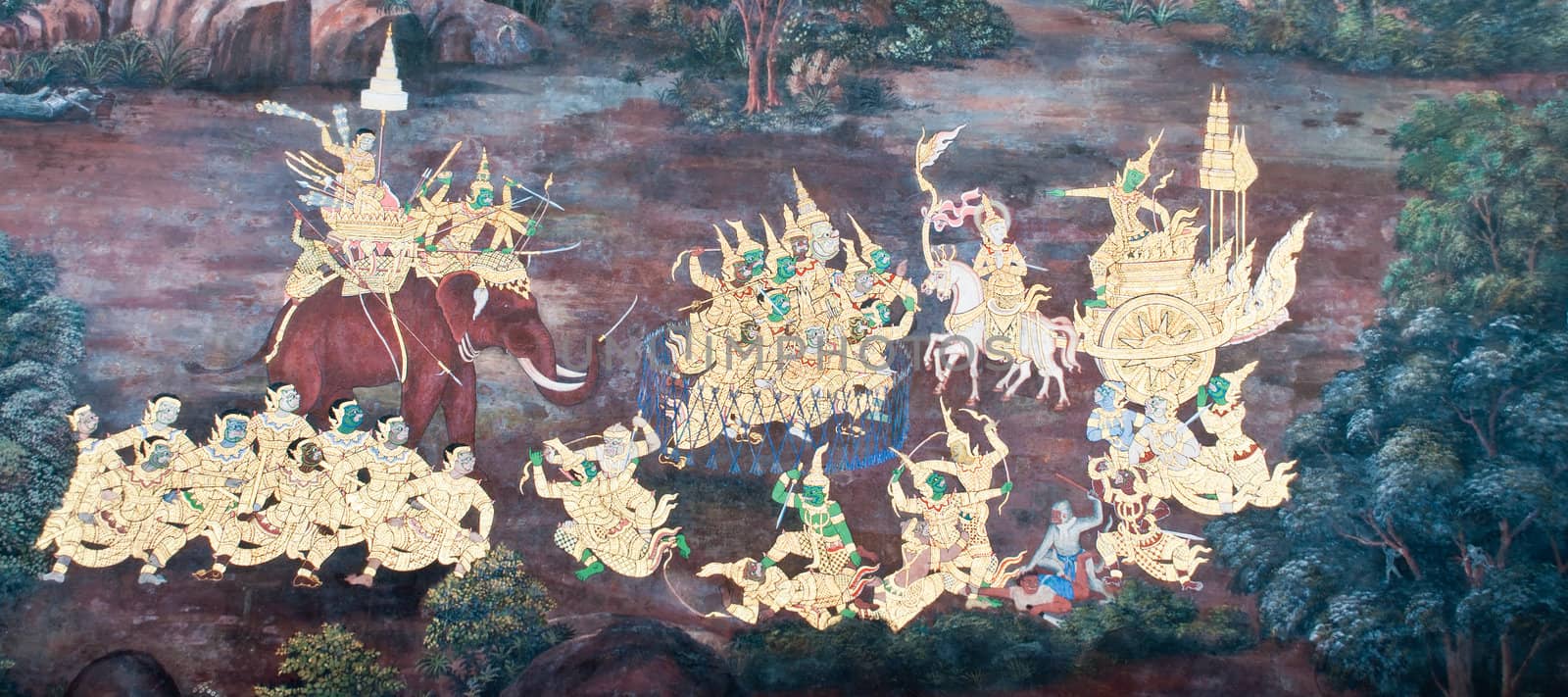 Thai Mural Painting on the wall, Wat Phra Kaew (Ramayana story). by Yuri2012