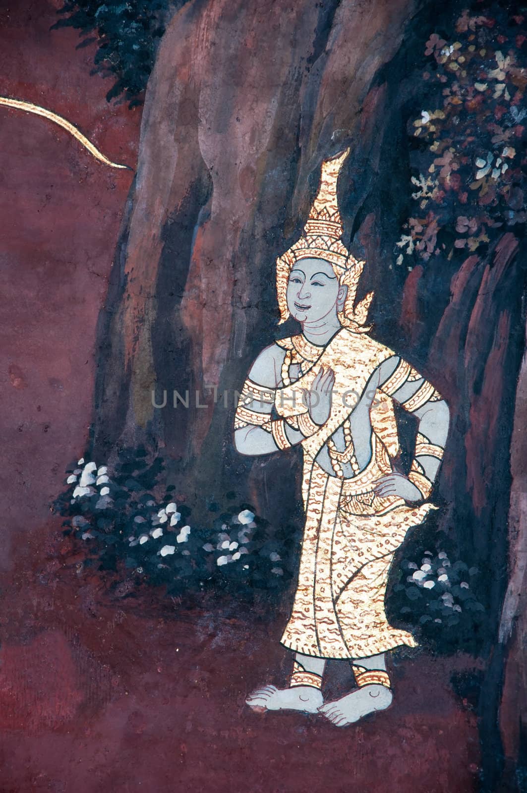 Thai Mural Painting on the wall, Wat Phra Kaew, Bangkok, Thailand (Ramayana story). The temple is created with money donated by people it is public domain and open to the public Visits.