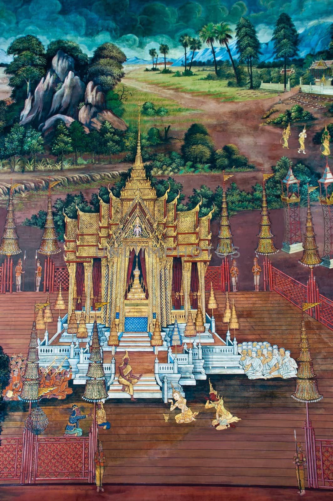 Thai Mural Painting on the wall, Wat Phra Kaew (Ramayana story). by Yuri2012