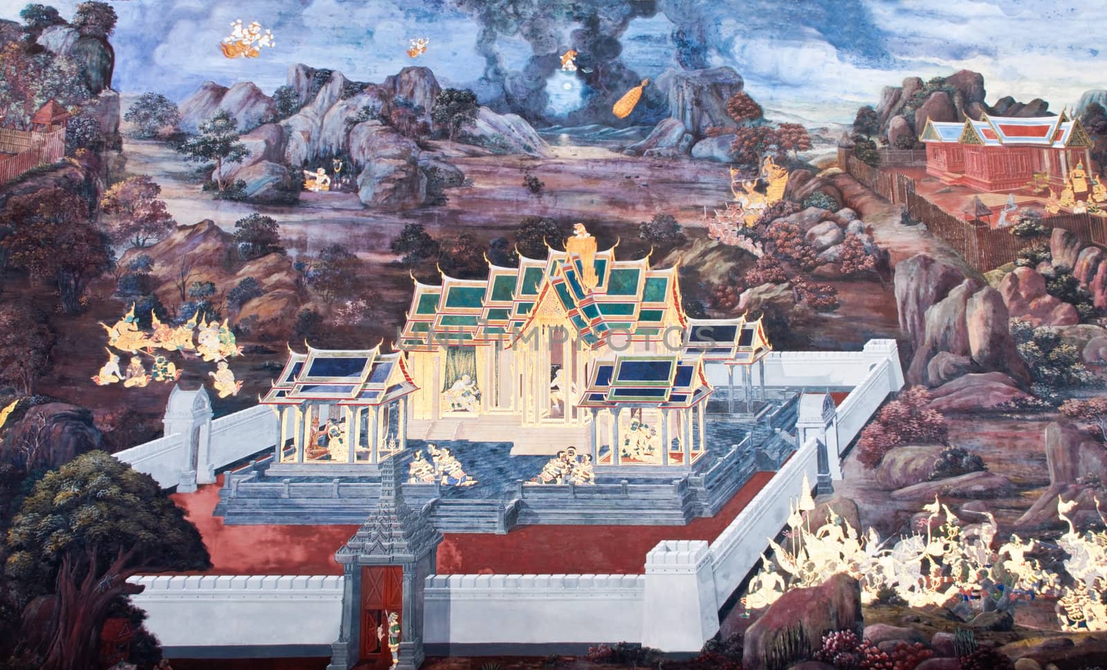 Thai Mural Painting on the wall, Wat Phra Kaew, Bangkok, Thailand (Ramayana story). The temple is created with money donated by people it is public domain and open to the public Visits.