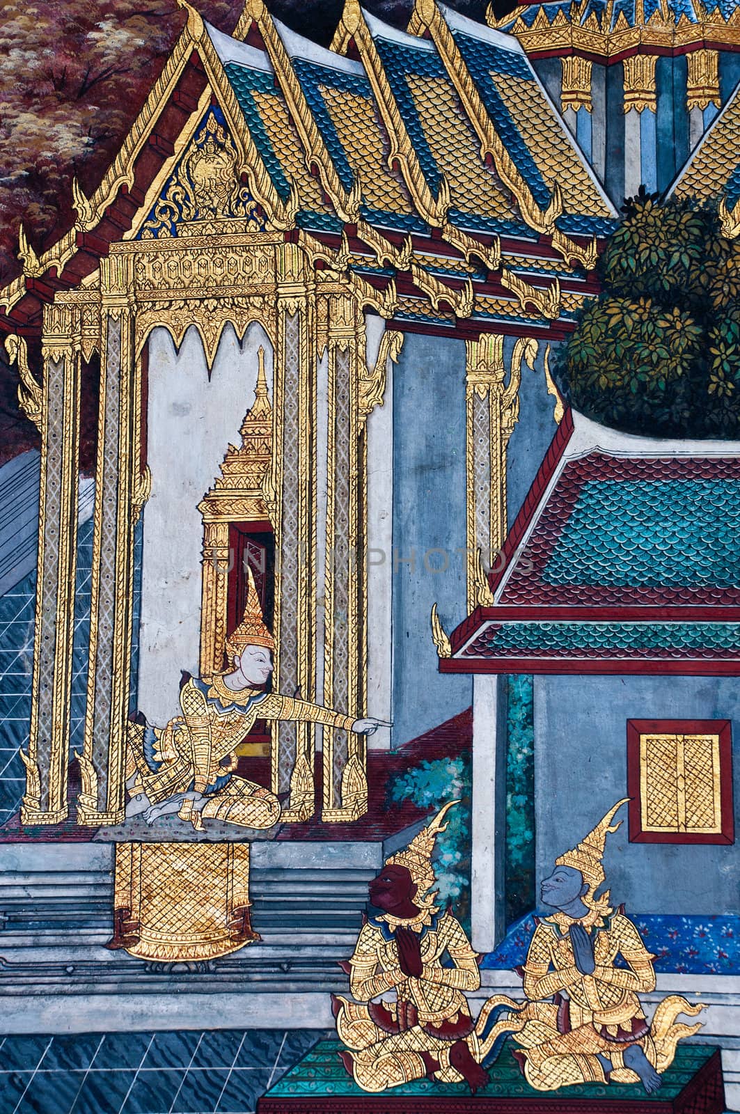 Thai Mural Painting on the wall, Wat Phra Kaew, Bangkok, Thailand (Ramayana story). The temple is created with money donated by people it is public domain and open to the public Visits.