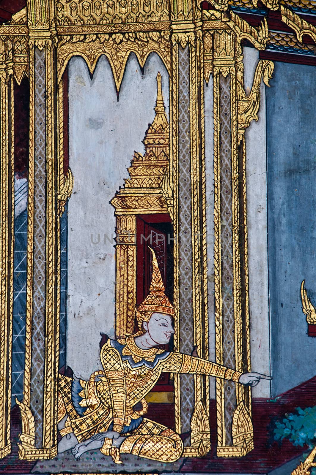 Thai Mural Painting on the wall, Wat Phra Kaew, Bangkok, Thailand (Ramayana story). The temple is created with money donated by people it is public domain and open to the public Visits.