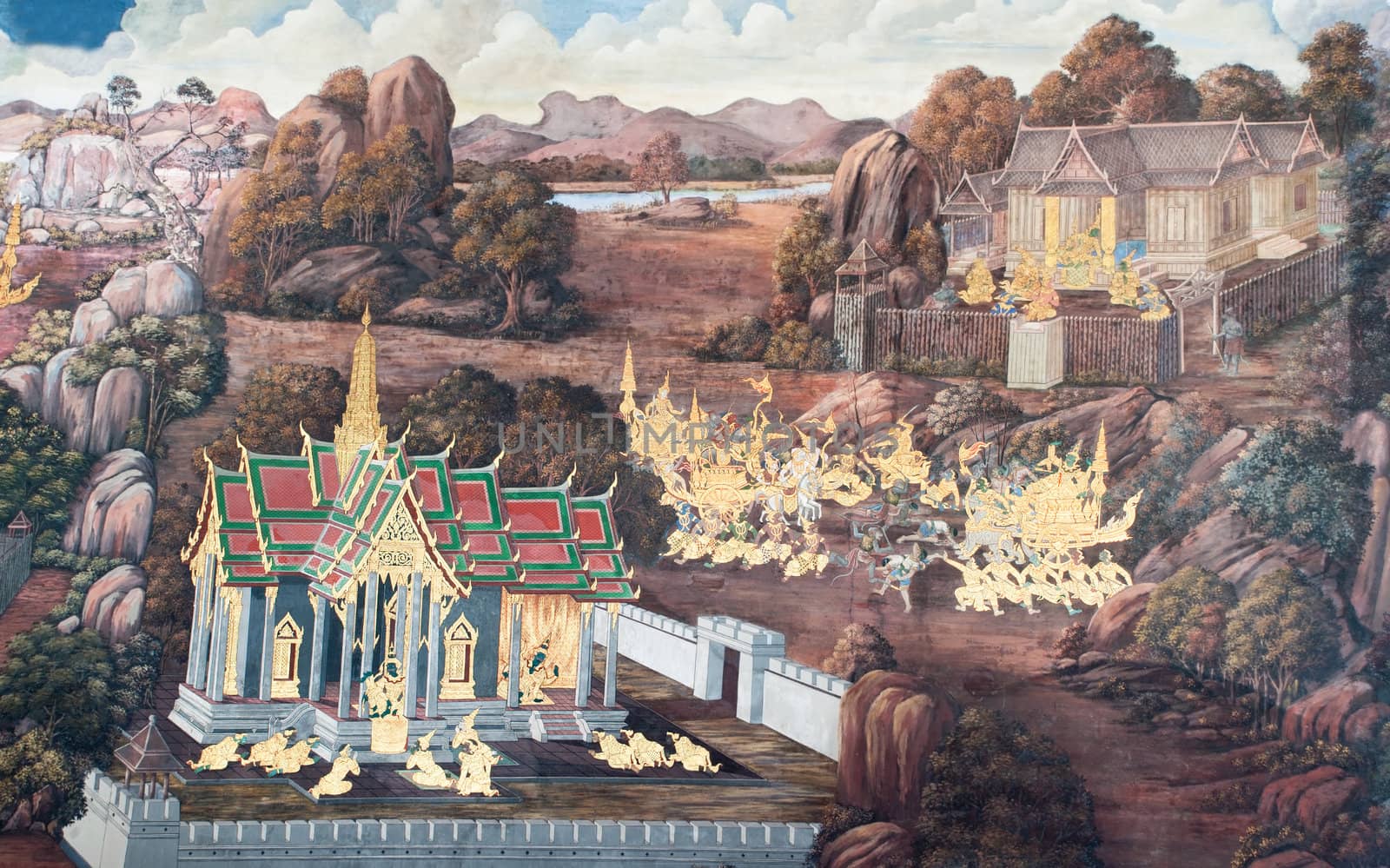 Thai Mural Painting on the wall, Wat Phra Kaew (Ramayana story). by Yuri2012