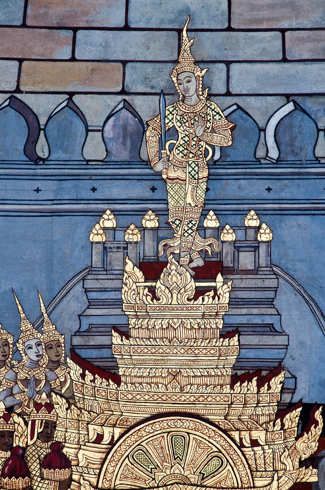 Thai Mural Painting on the wall, Wat Phra Kaew, Bangkok, Thailand (Ramayana story). The temple is created with money donated by people it is public domain and open to the public Visits.