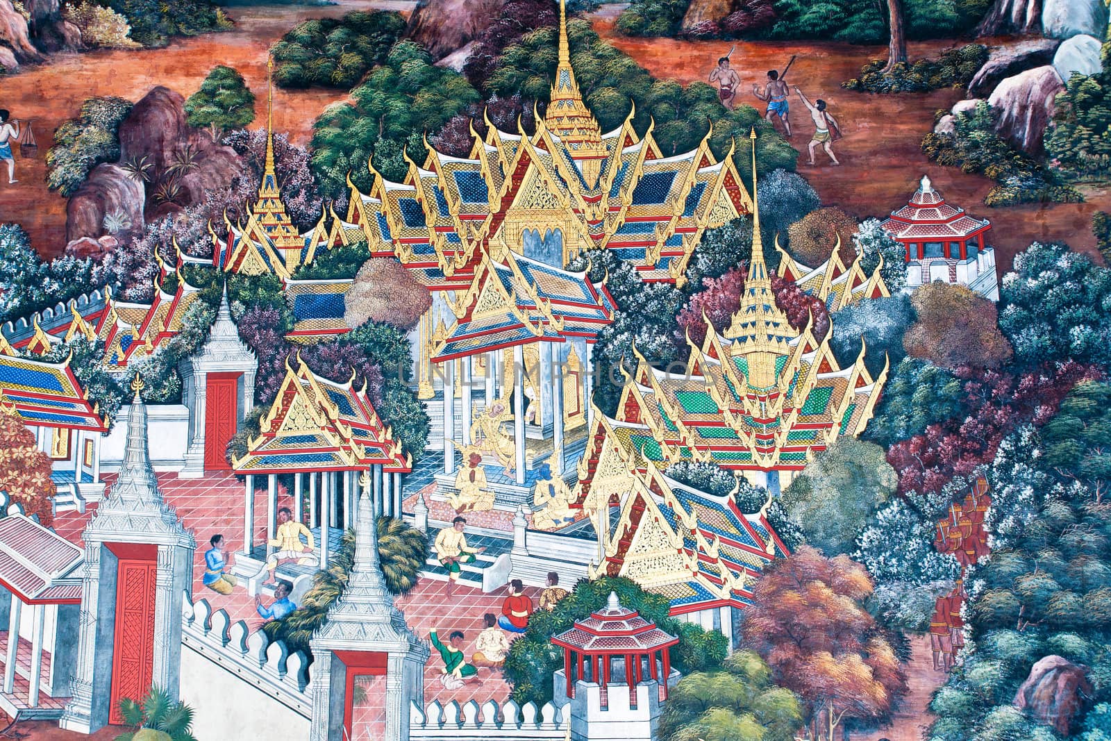 Thai Mural Painting on the wall, Wat Phra Kaew (Ramayana story). by Yuri2012