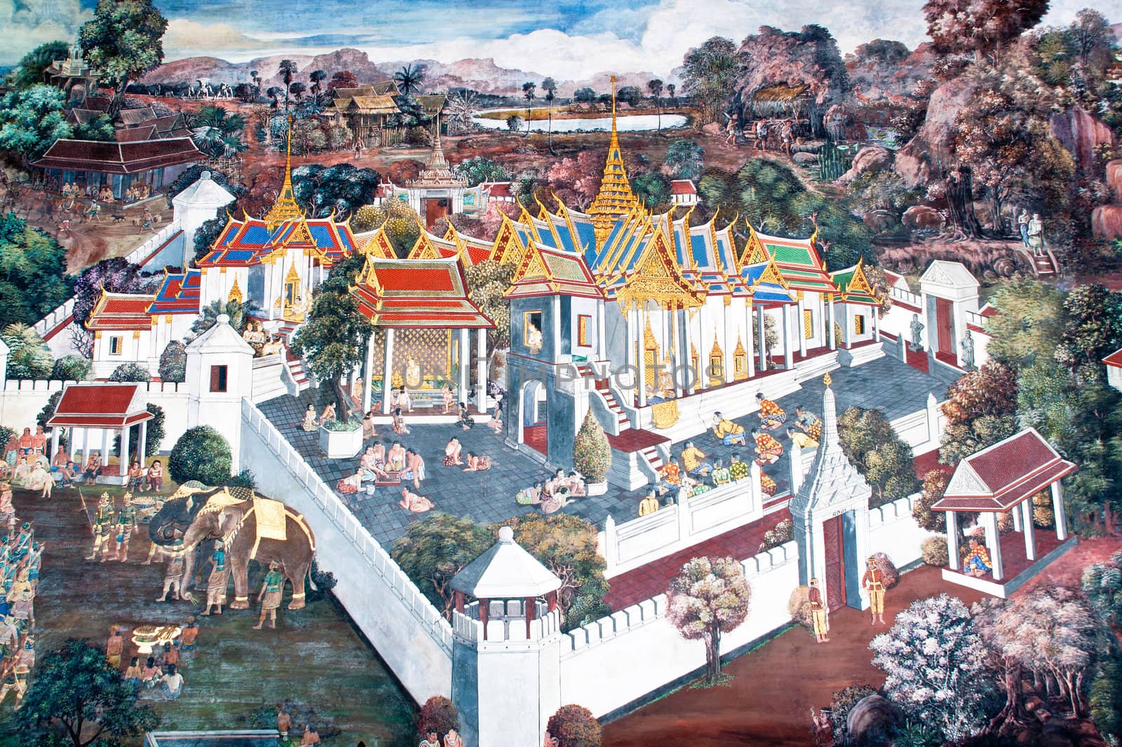 Thai Mural Painting on the wall, Wat Phra Kaew (Ramayana story). by Yuri2012