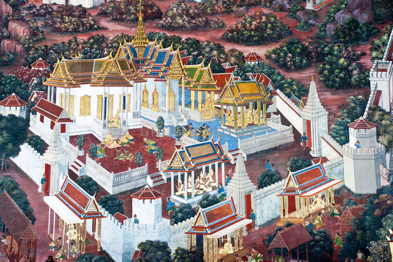 Thai Mural Painting on the wall, Wat Phra Kaew (Ramayana story). by Yuri2012