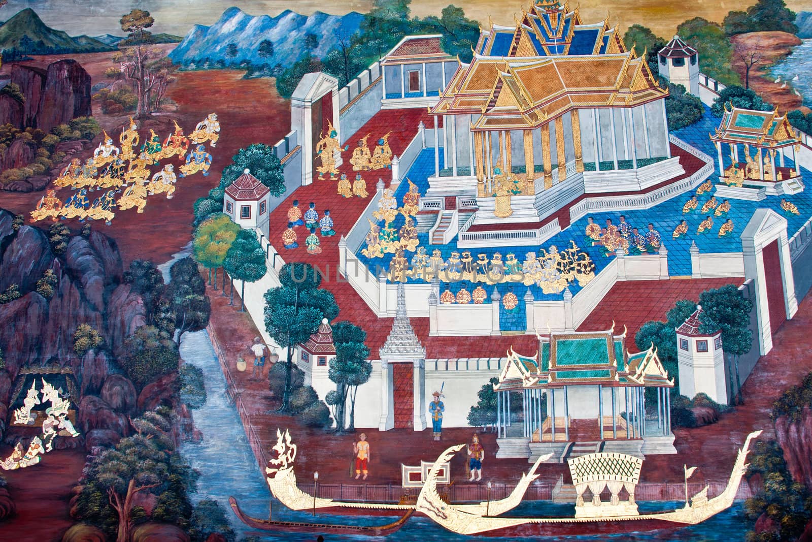 Thai Mural Painting on the wall, Wat Phra Kaew, Bangkok, Thailand (Ramayana story). The temple is created with money donated by people it is public domain and open to the public Visits.