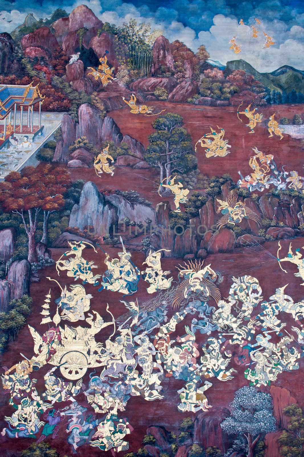 Thai Mural Painting on the wall, Wat Phra Kaew (Ramayana story). by Yuri2012