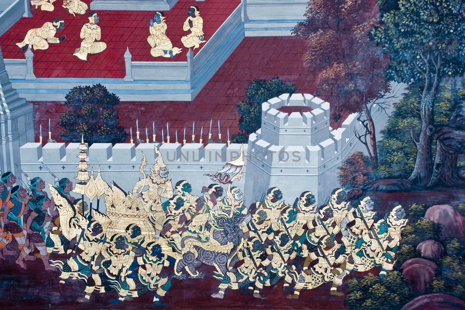 Thai Mural Painting on the wall, Wat Phra Kaew (Ramayana story). by Yuri2012