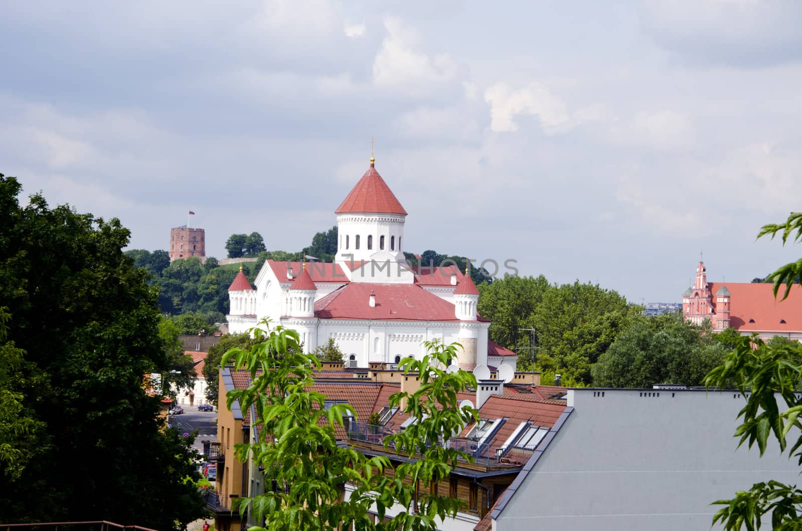 Vilnius oldtown buildings. Gediminas castle. Unesco heritage in Lithuania.