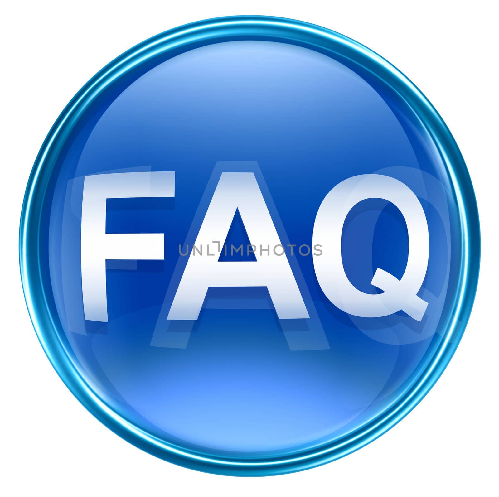 FAQ icon blue glass, isolated on white background