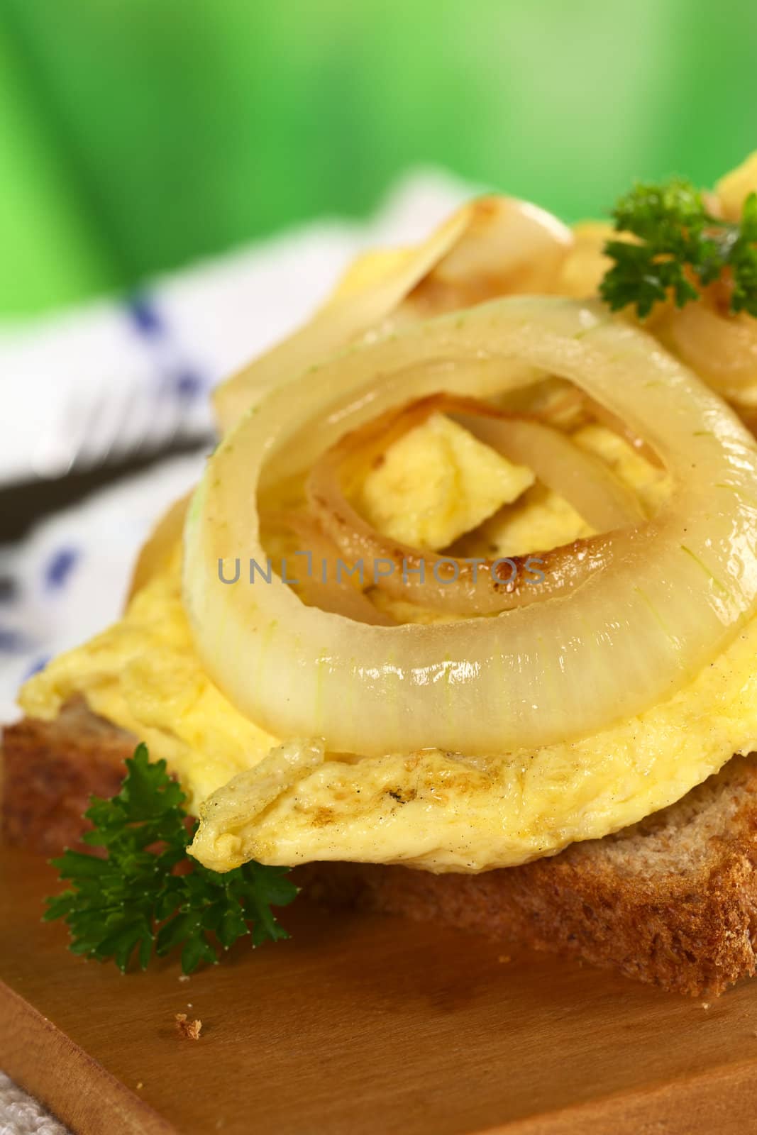 Scrambled eggs open sandwich with fried onions and fresh parsley leaves (Selective Focus, Focus on the front of the egg and the onion)