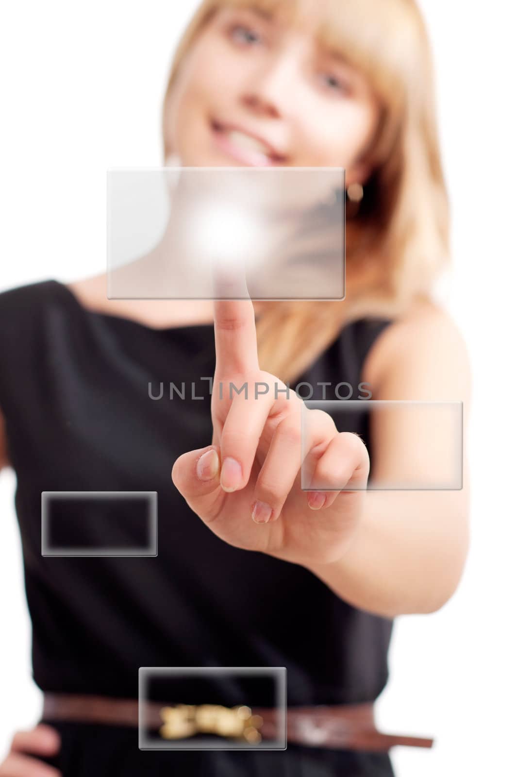 beautiful woman presses a button touch screen