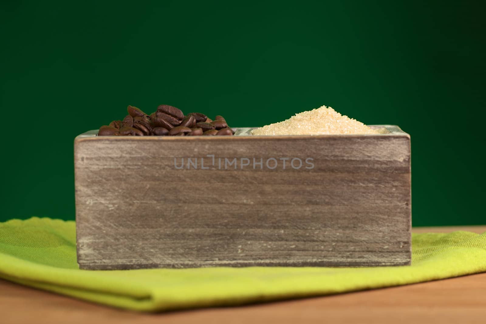 Coffee Beans and Brown Sugar in Wooden Container by sven