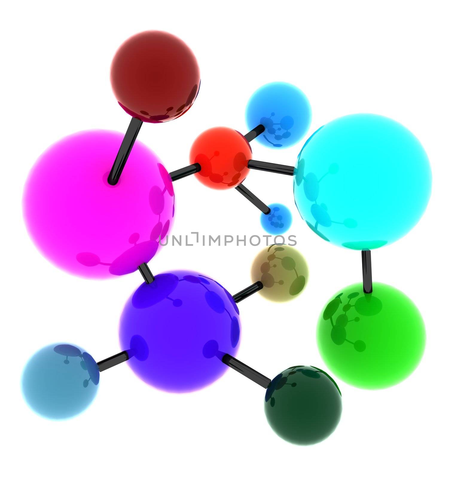 Concept of abstract molecular structure portrayed by slightly reflective spheres in bright colors interconnected by black cylinders forming linkage. Scene rendered vertically and isolated on white background.