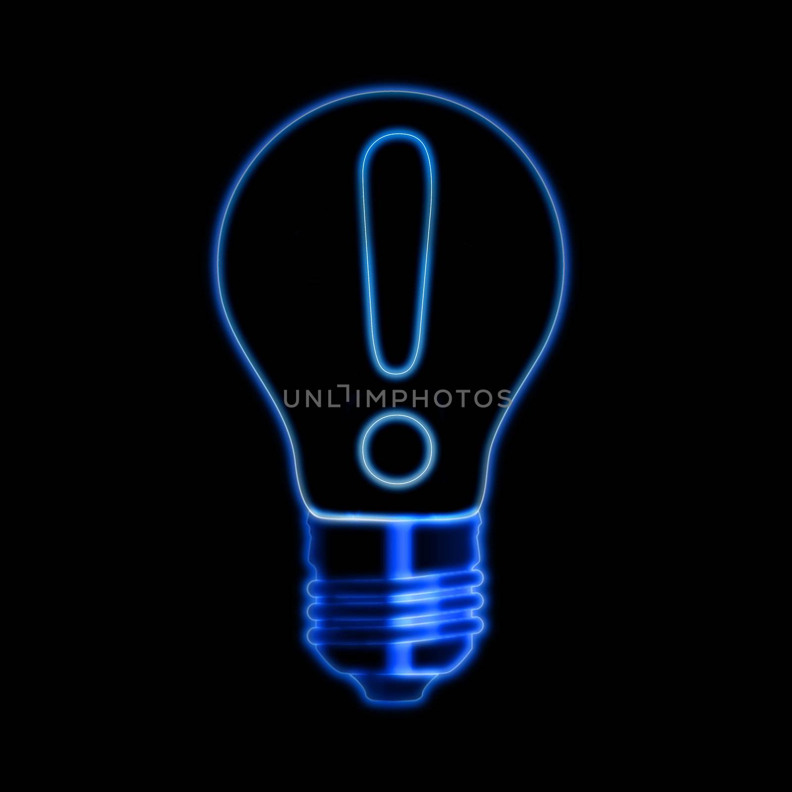 Glowing Attention sign in light bulb over black