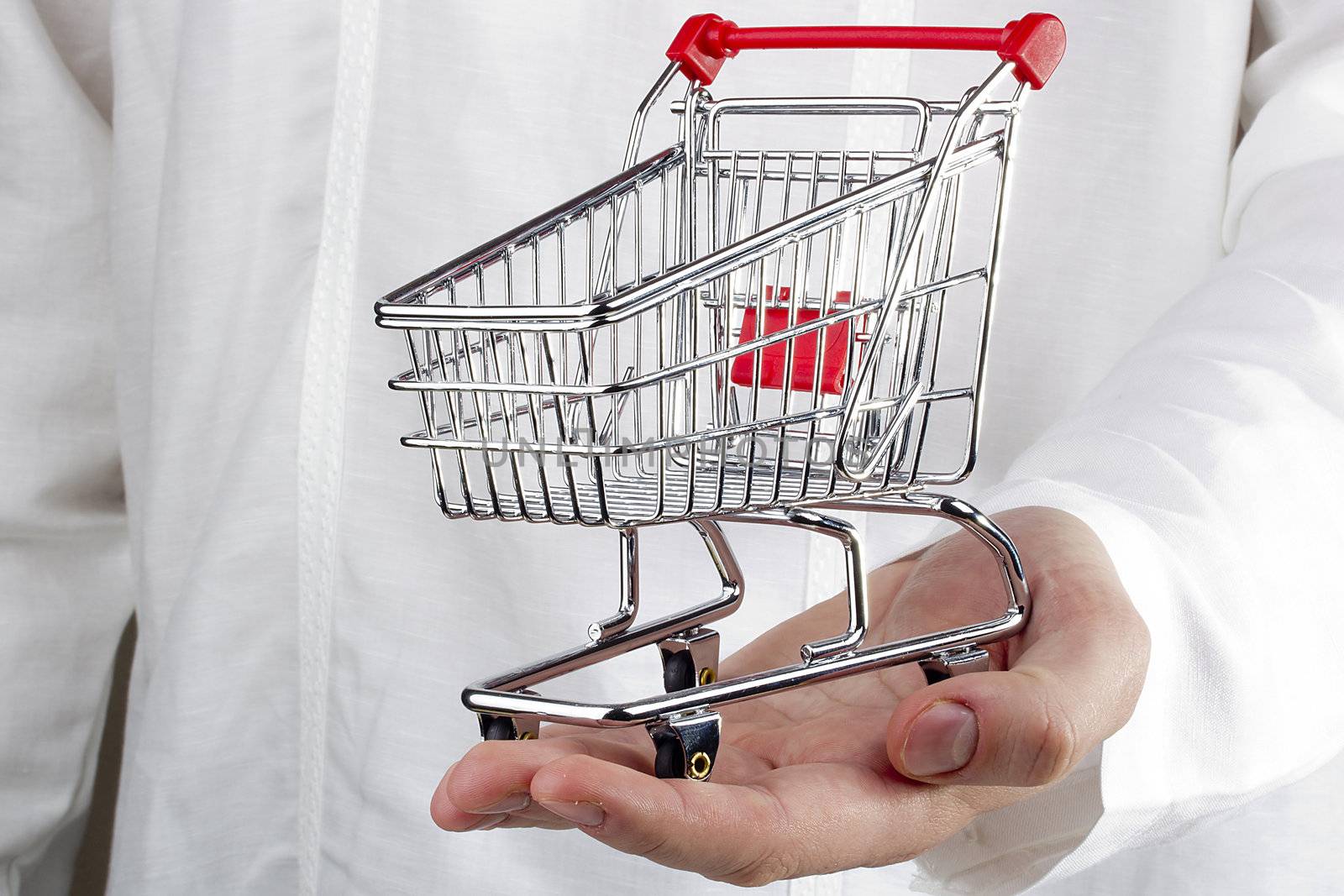 Close-up photograph of man's hand holding a shopping cart.