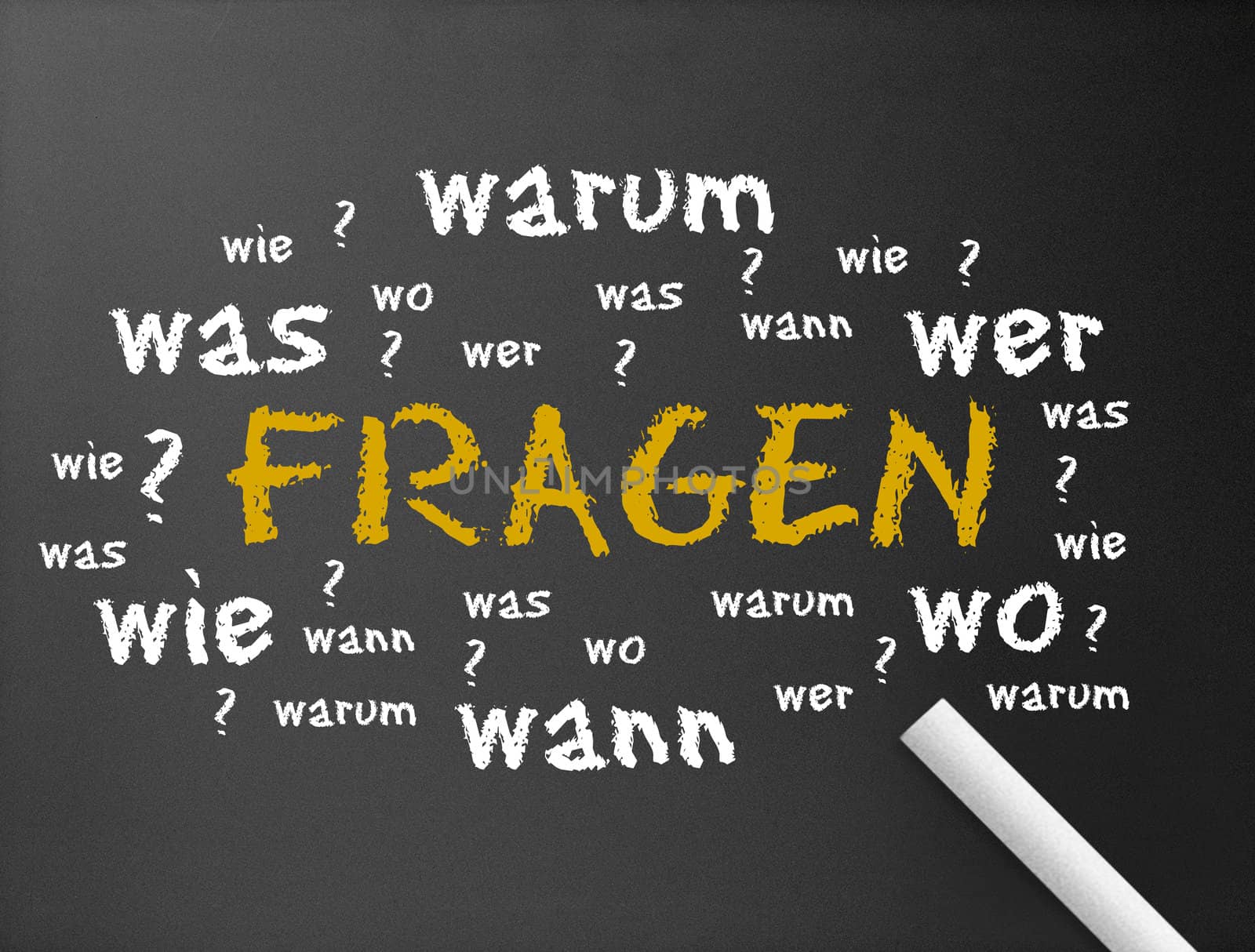 Dark chalkboard with the word fragen illustration. 