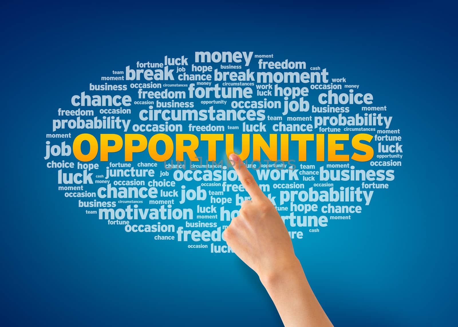Hand pointing at a Opportunities word cloud on blue background.