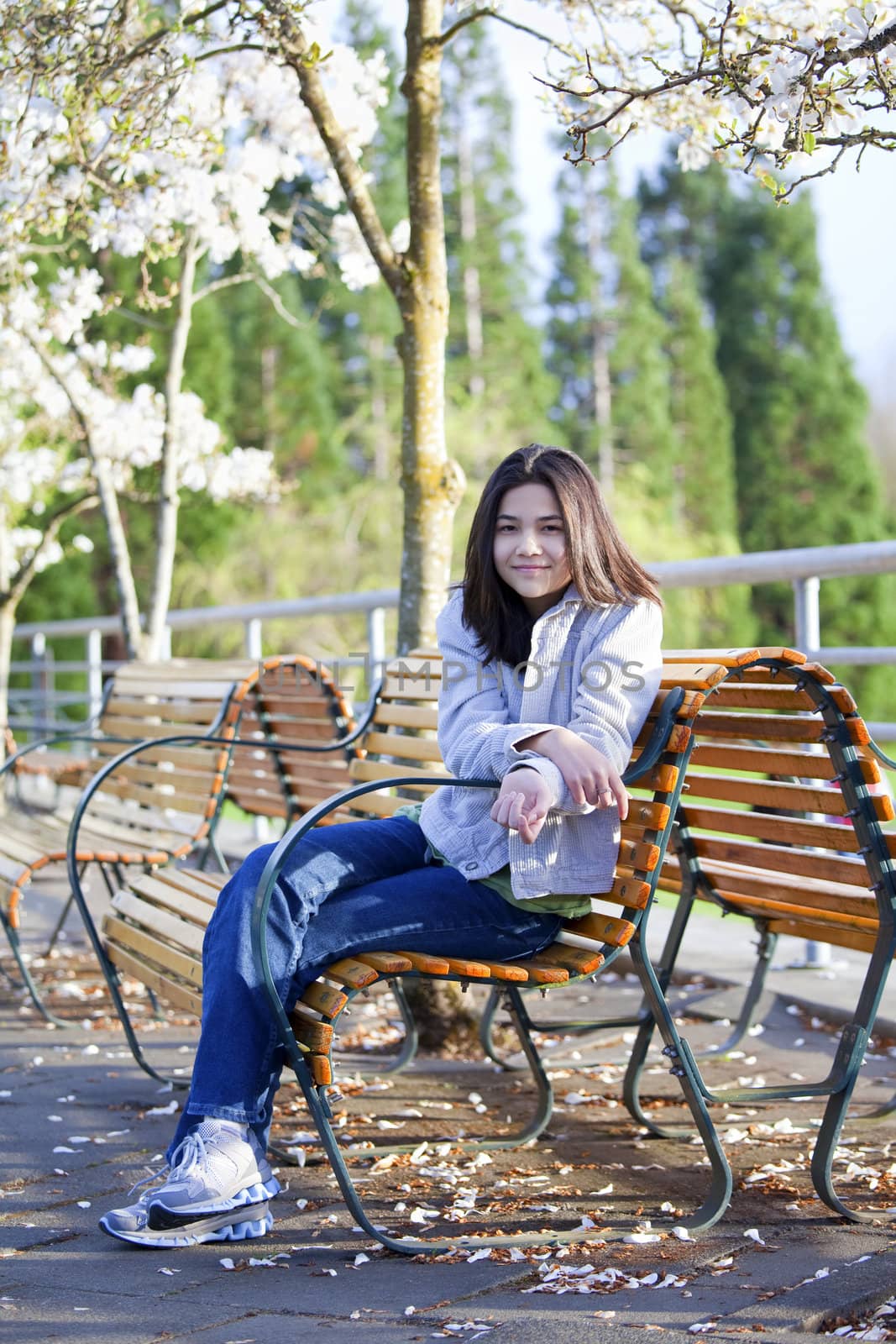 Young teen girl sitting on bench under cherry blossom tree by jarenwicklund