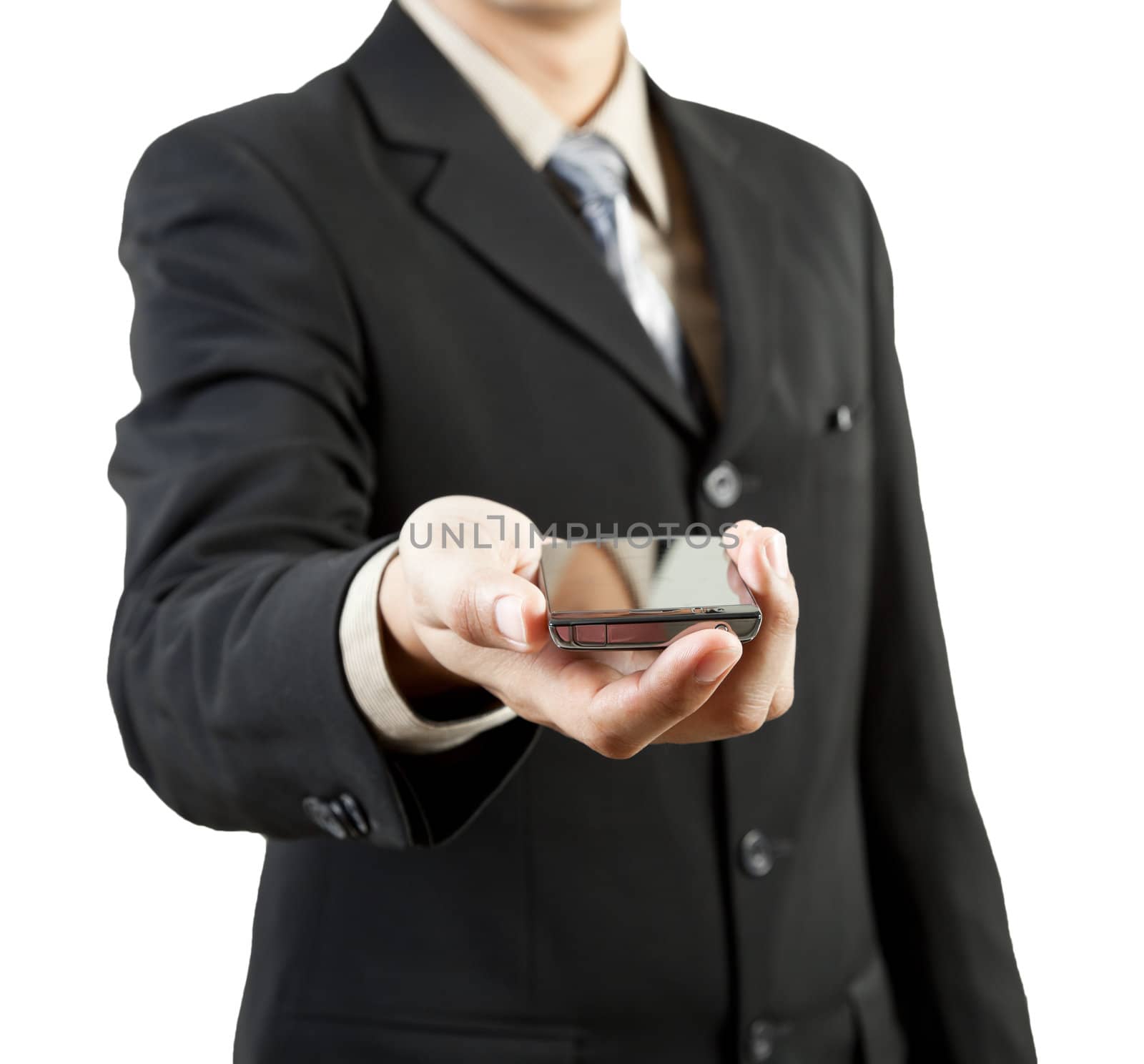 Businessman holding mobile phone  by FrameAngel