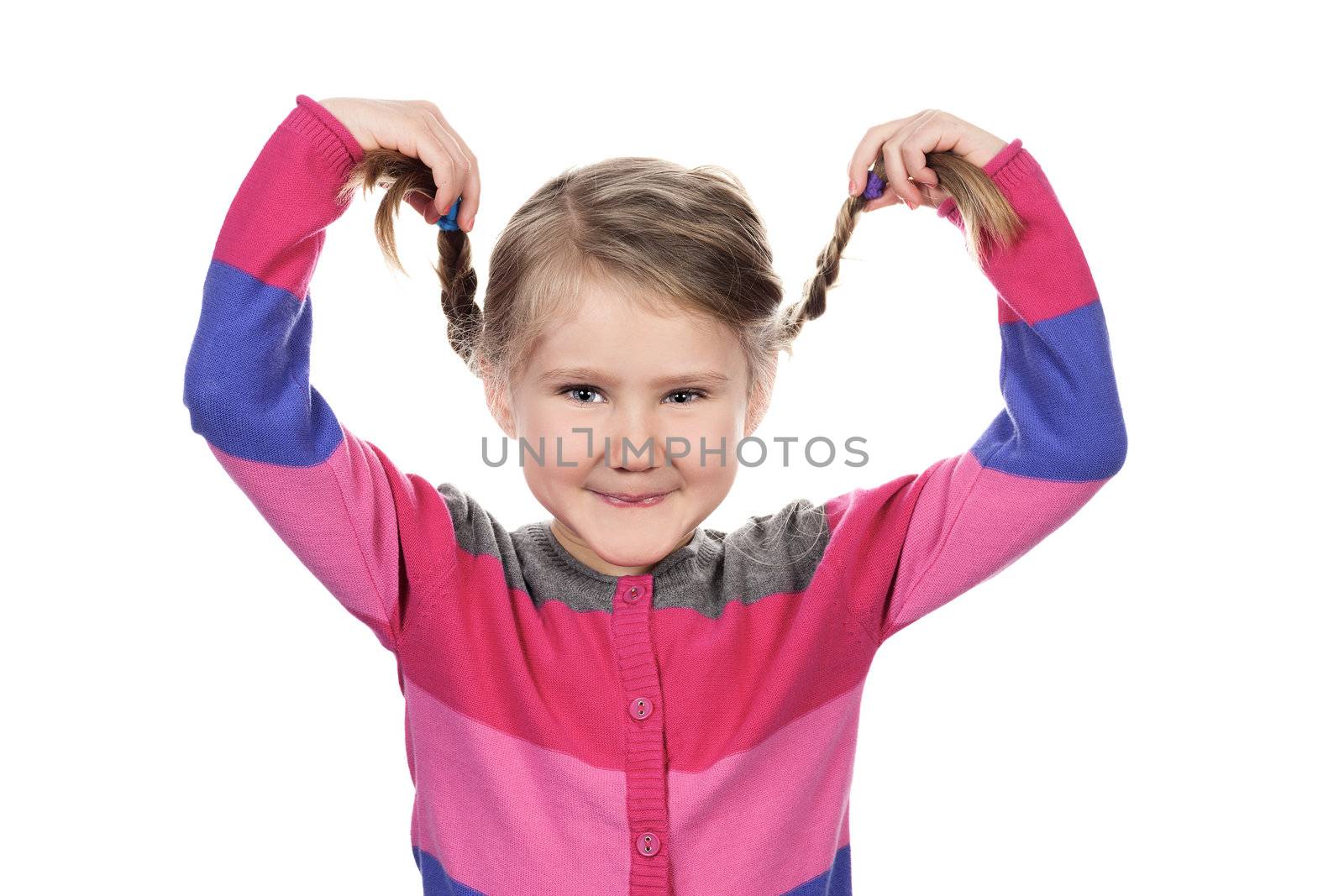 Cute girl making funny face on white background