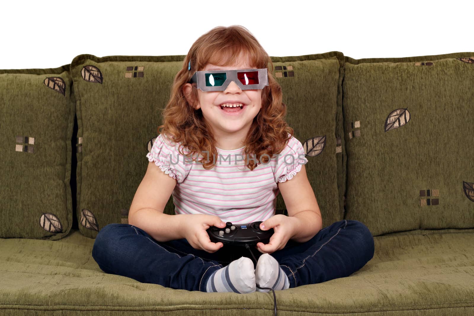 happy little girl with 3d glasses play video game