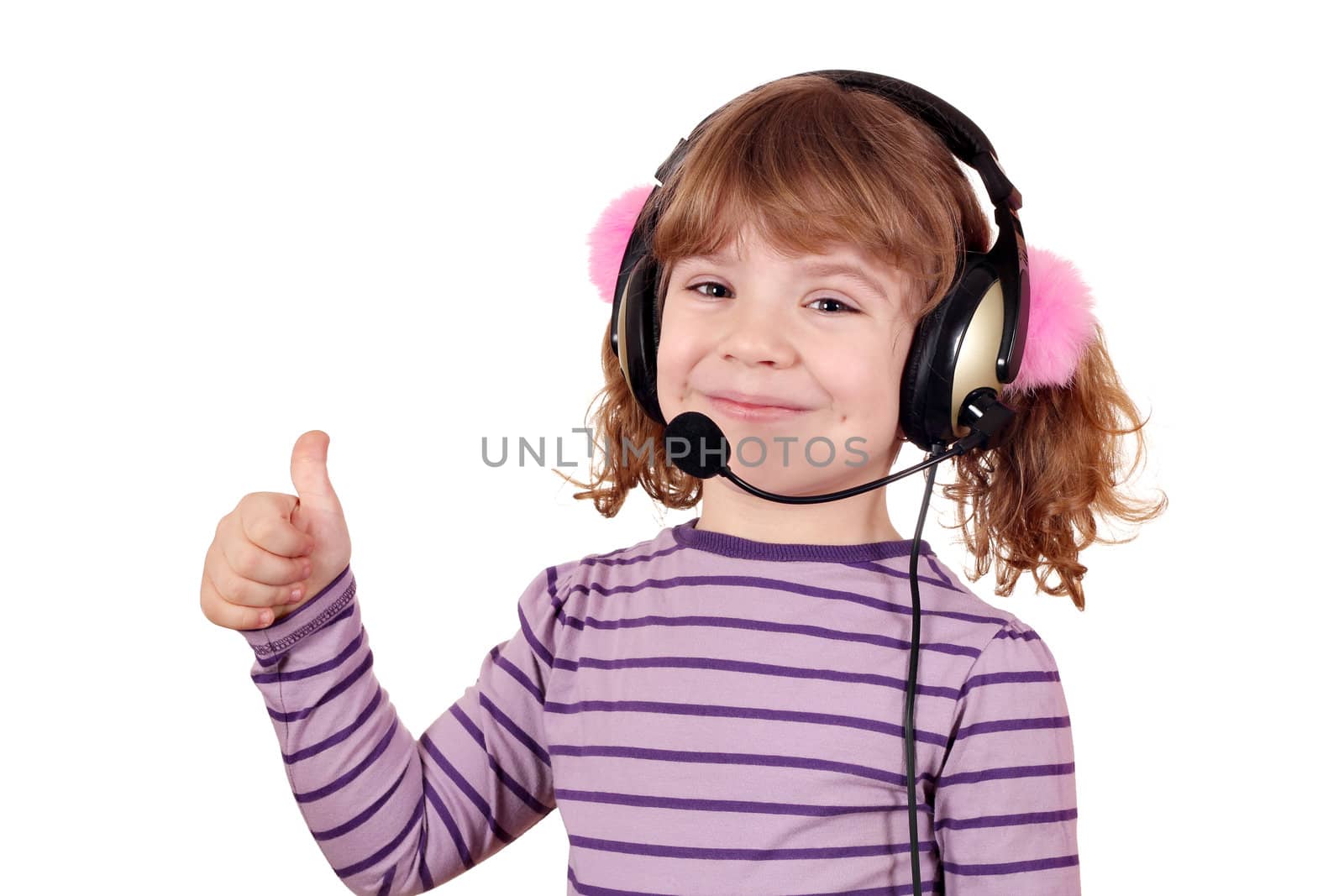 little girl with headphones and thumb up