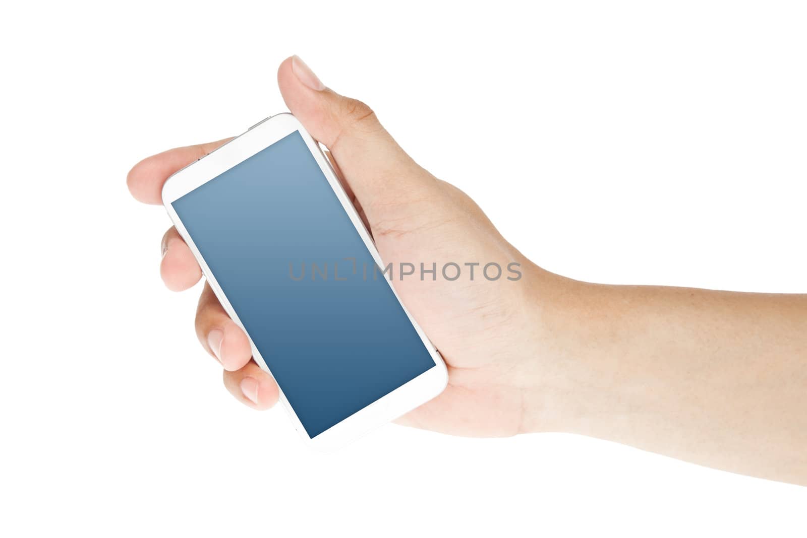 Hand holding and touch smart phone with blank screen by FrameAngel