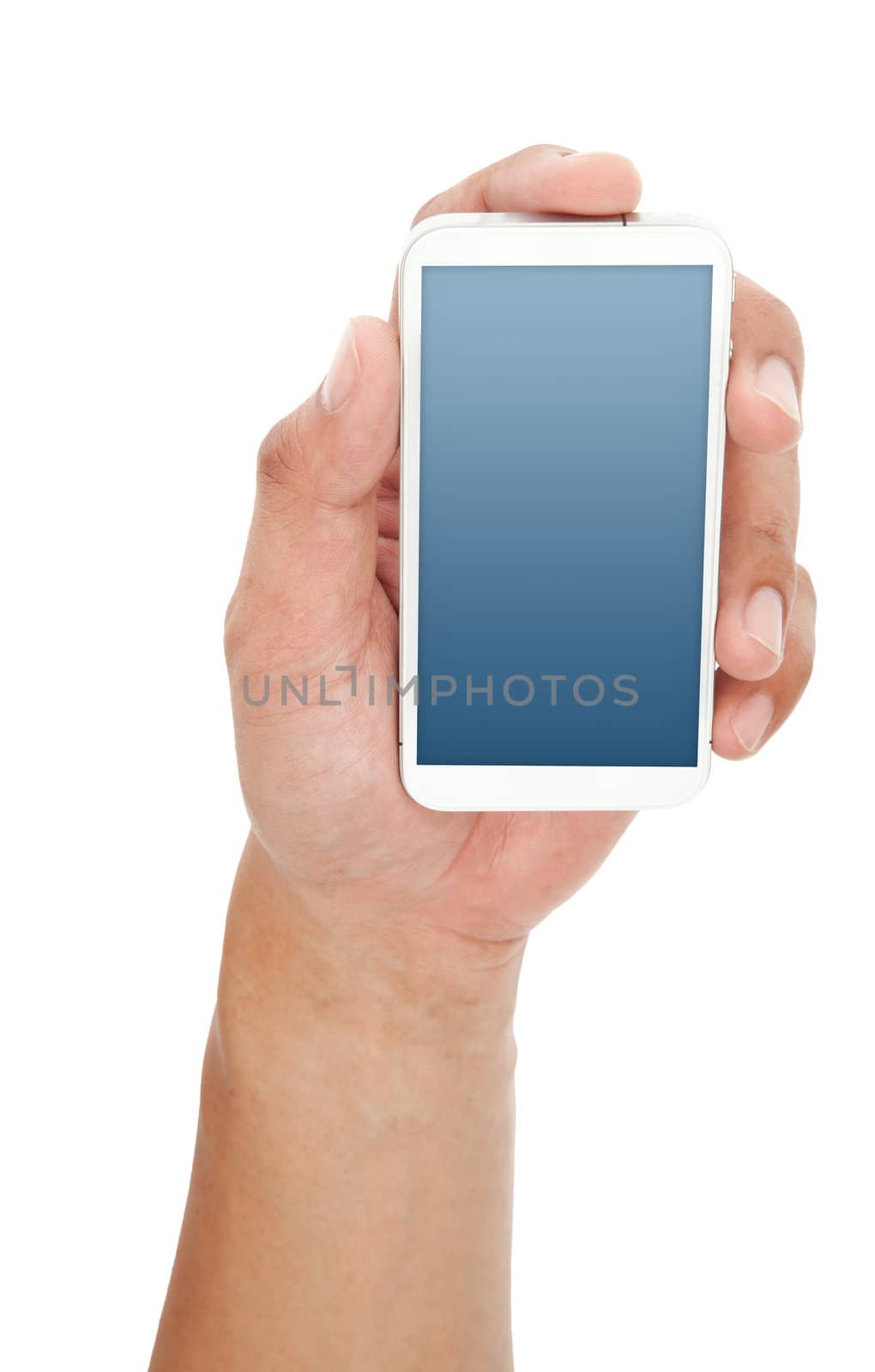 Hand holding and touch smart phone with blank screen