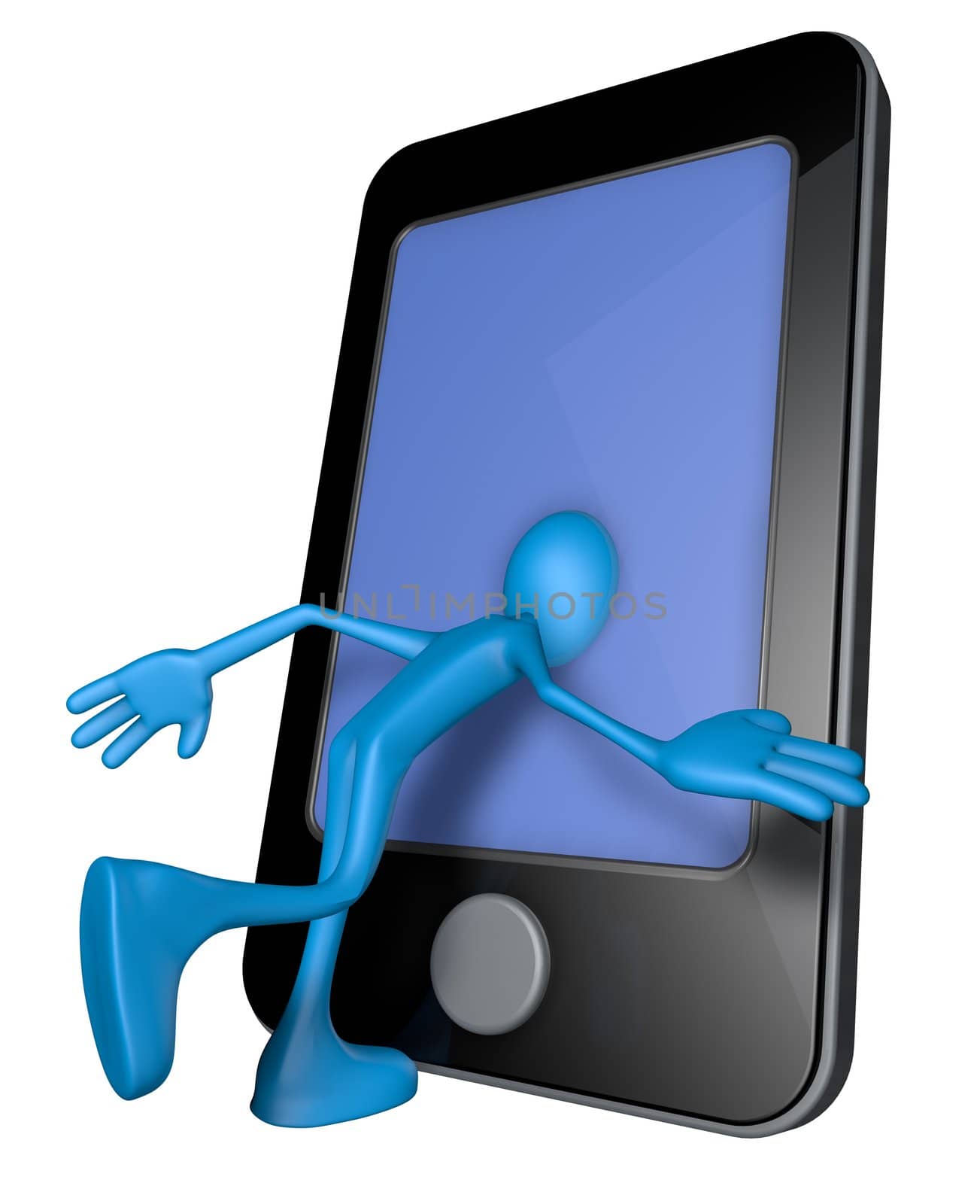 blue guy with head inside a smartphone - 3d illustration