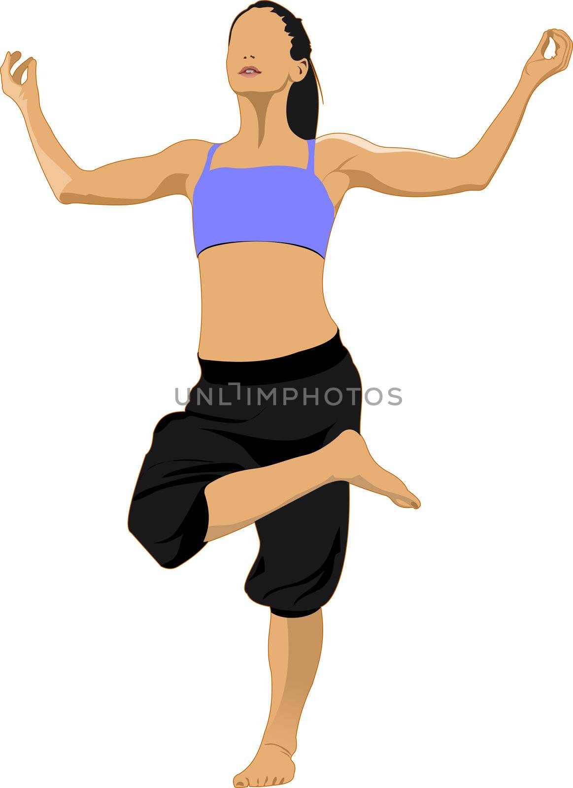 Woman practicing Yoga excercise. Vector Illustration of girl in Dancer's Pose isolated on white background.