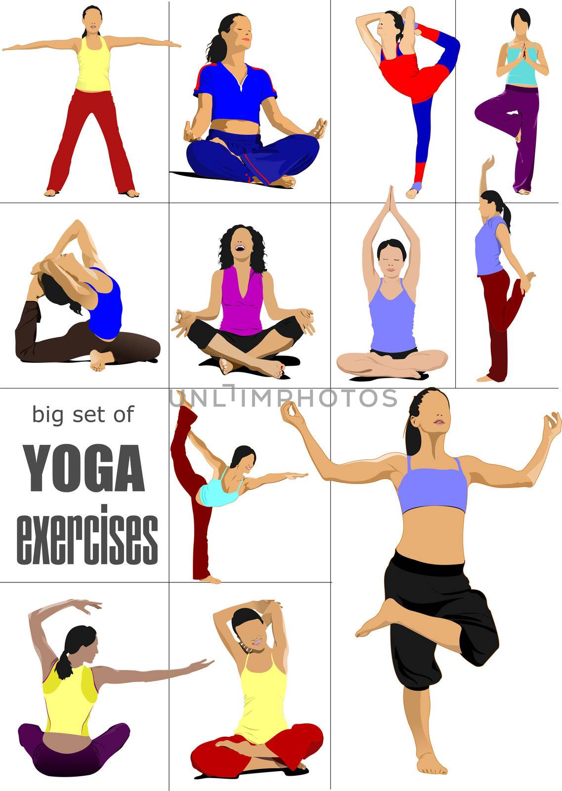 Big set of Yoga exercises - vector poster by leonido
