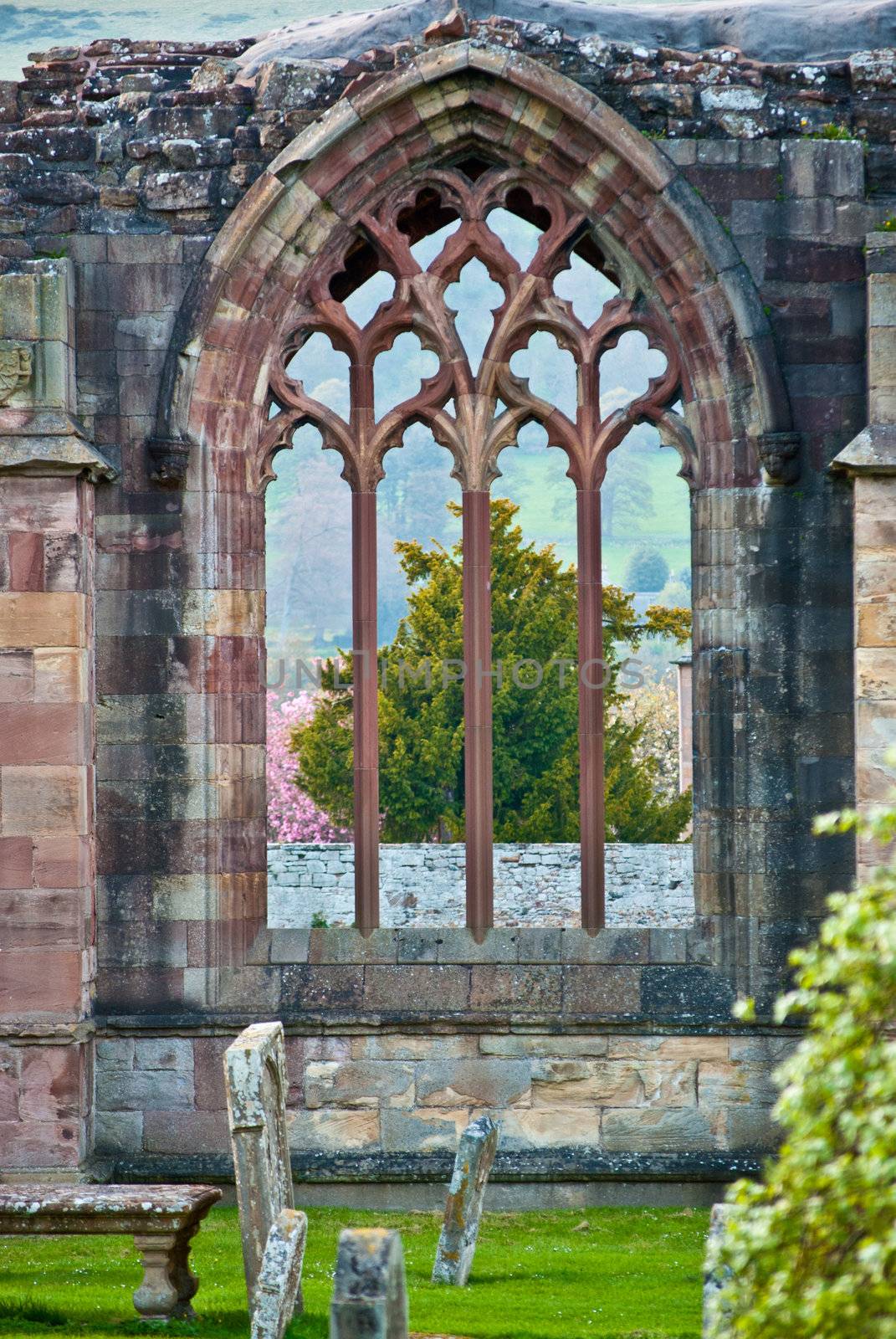 part of the ruins of Kelso Abbey in scotland