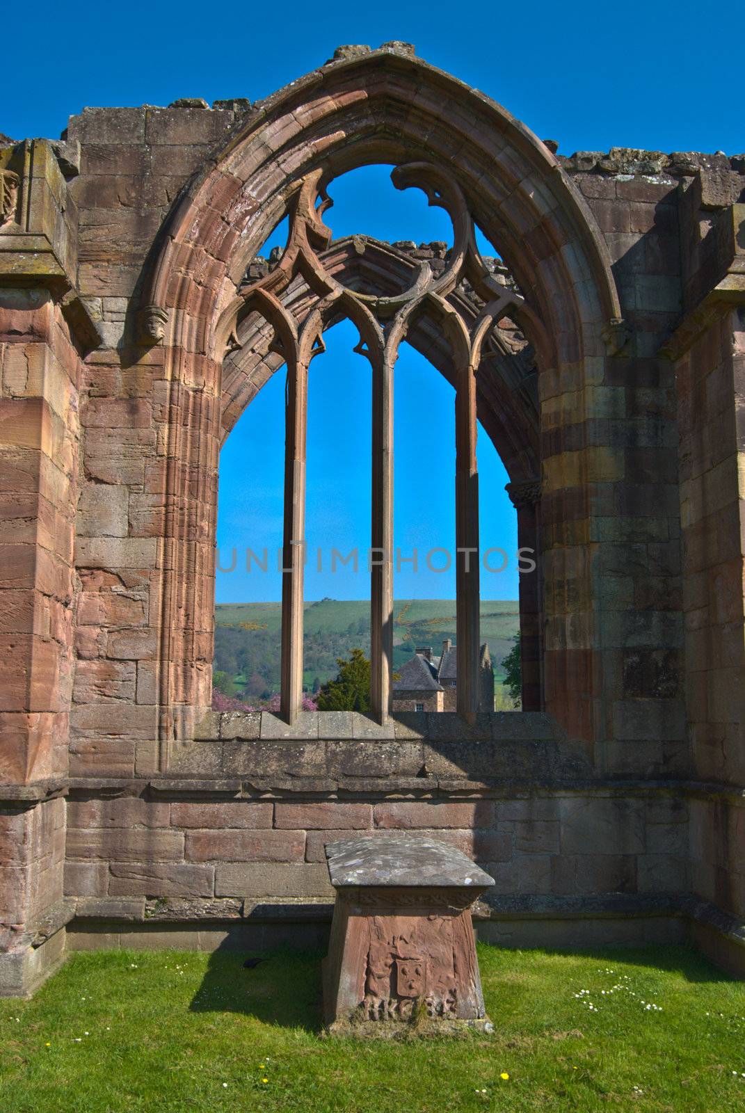 part of the ruins of Melrose Abbey in scotland