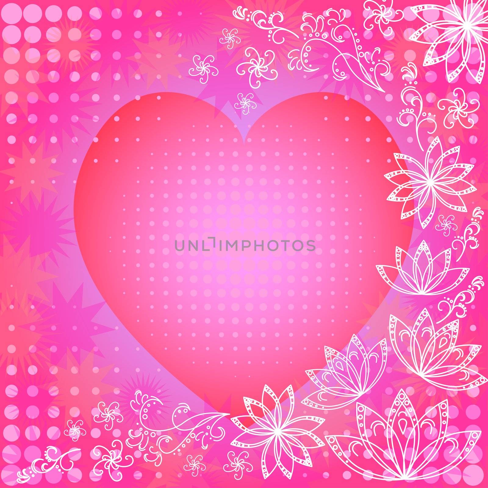Abstract pink background with holiday valentine heart and white outline flowers