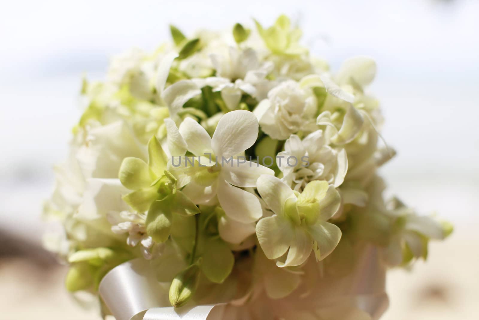 Beautiful wedding bouquet of white orchids and roses.