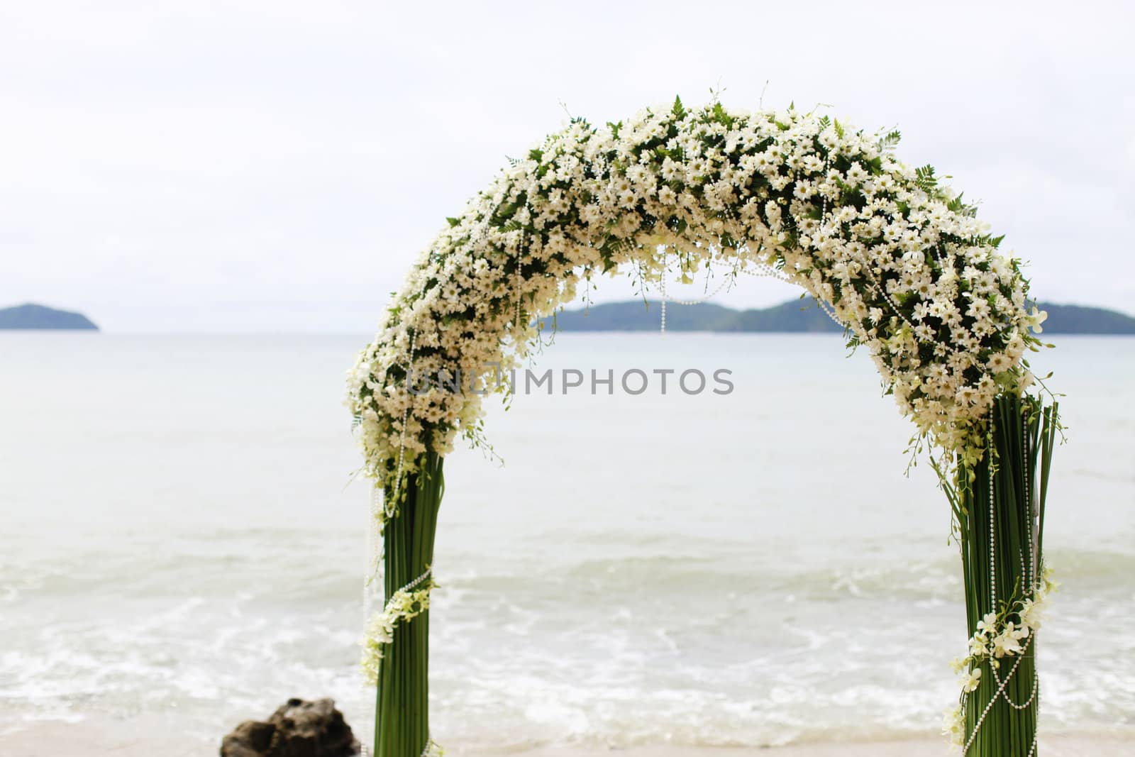 Ceremony set-up for a wedding in beach Thailand.