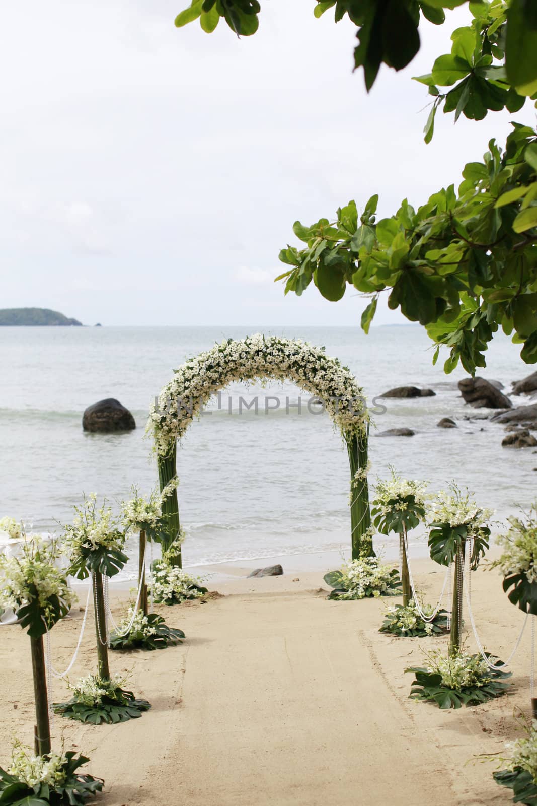 Ceremony set-up for a wedding in beach Thailand.