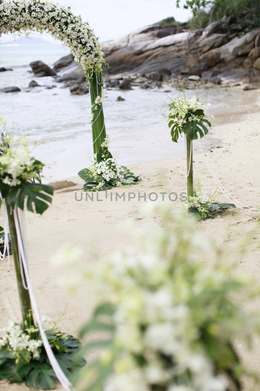 Ceremony set-up for a wedding in beach Thailand.