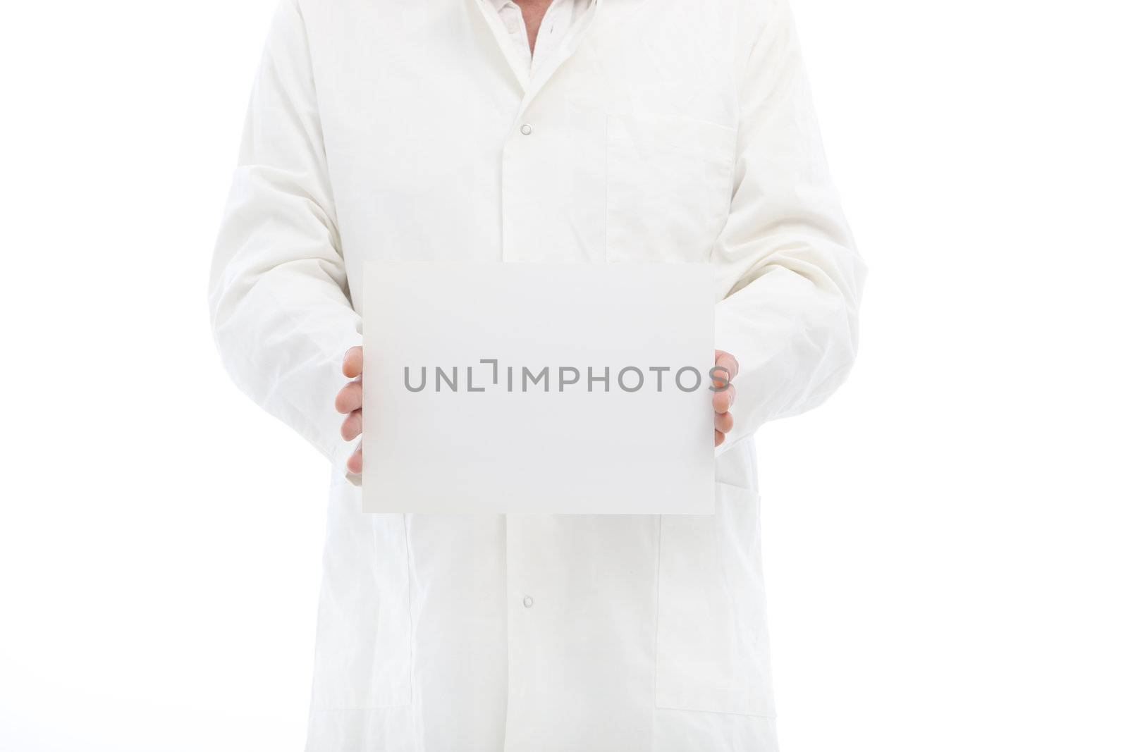 Man in labcoat holding a small blank poster waisthigh with room for your message or text