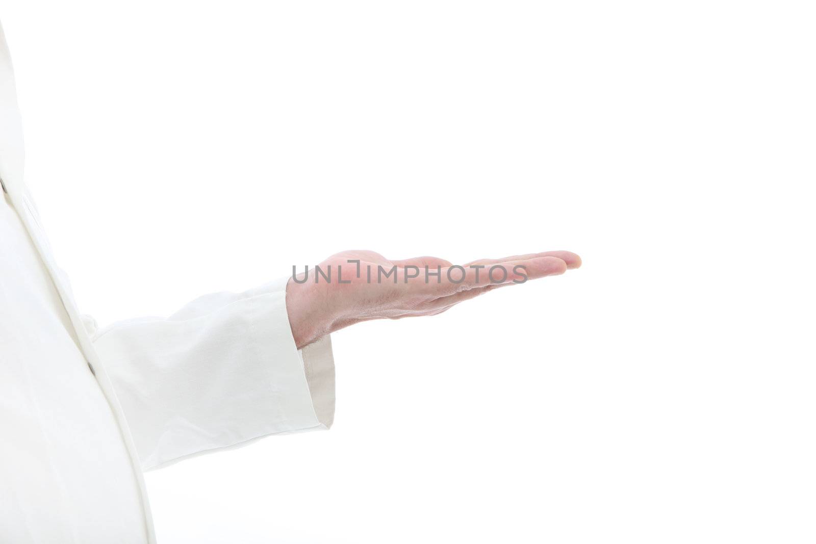 Man holding his hand with palm up so you can place your product in his hand for advertising