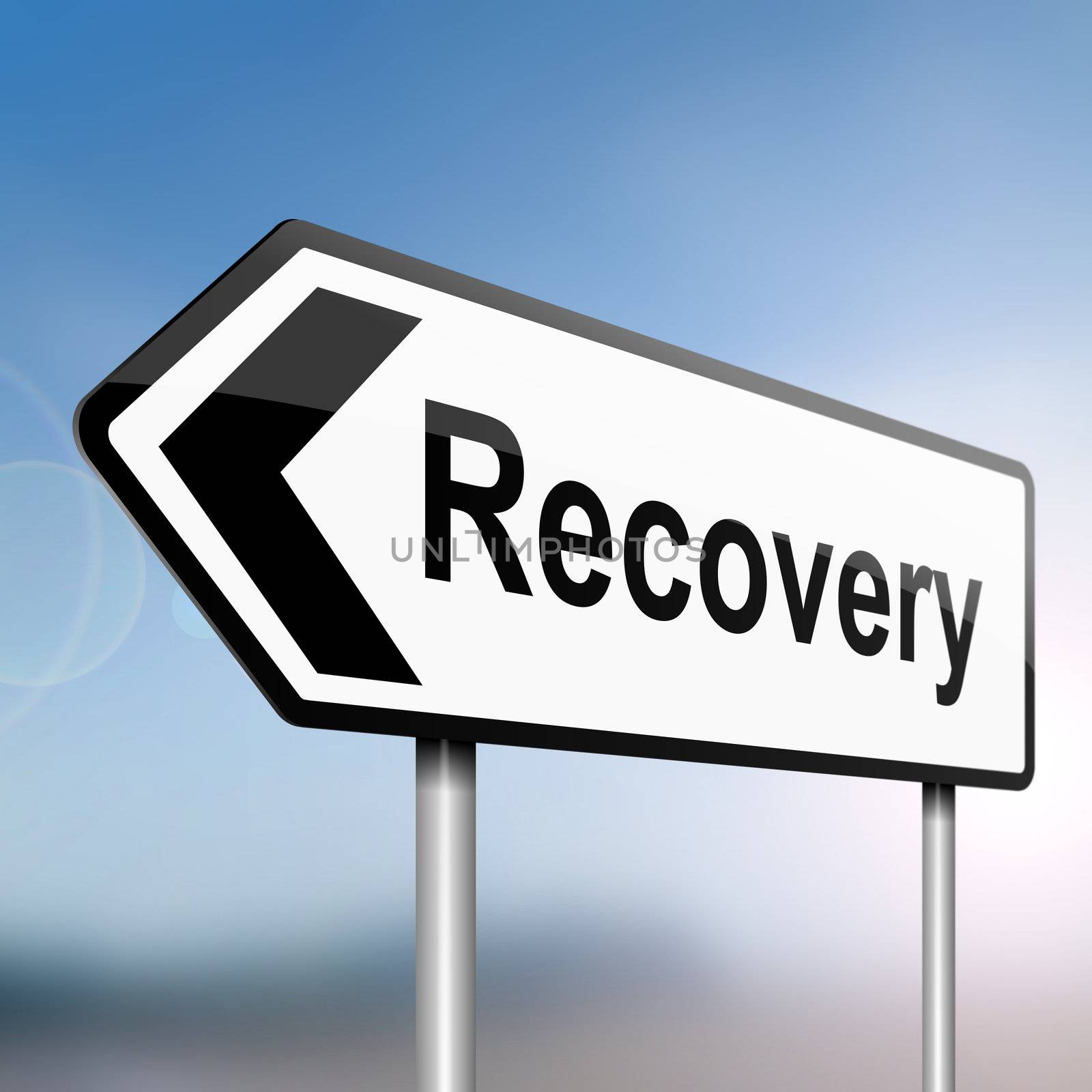 illustration depicting a sign post with directional arrow containing a recovery concept. Blurred background.